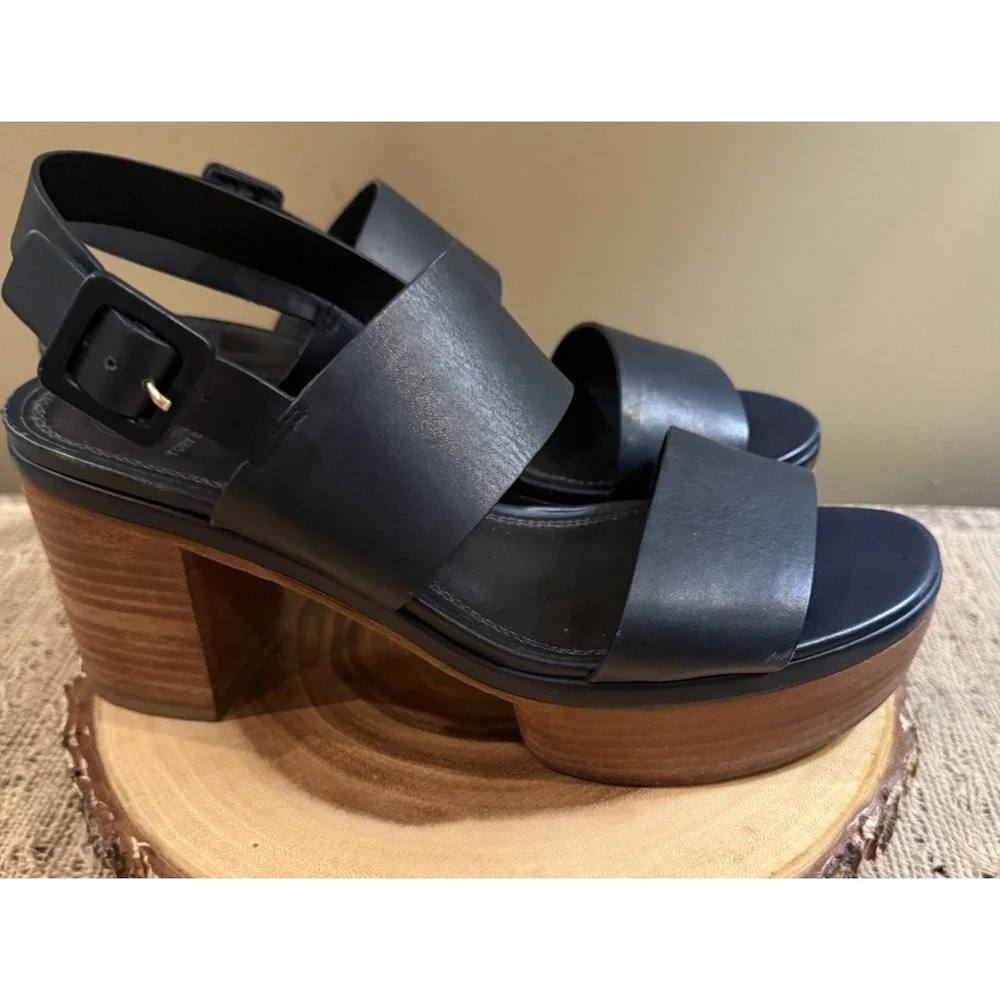 Tory Burch‎ Solana Platform Sandals Women's Size 9 Navy Blue Leather Strap